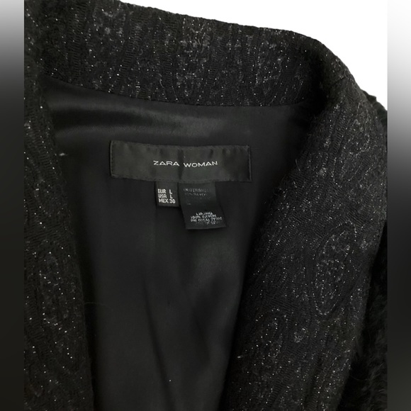 Zara Fur Trim Button Front Belted Long Coat in Black/Silver Metallic Size L - Picture 4 of 16